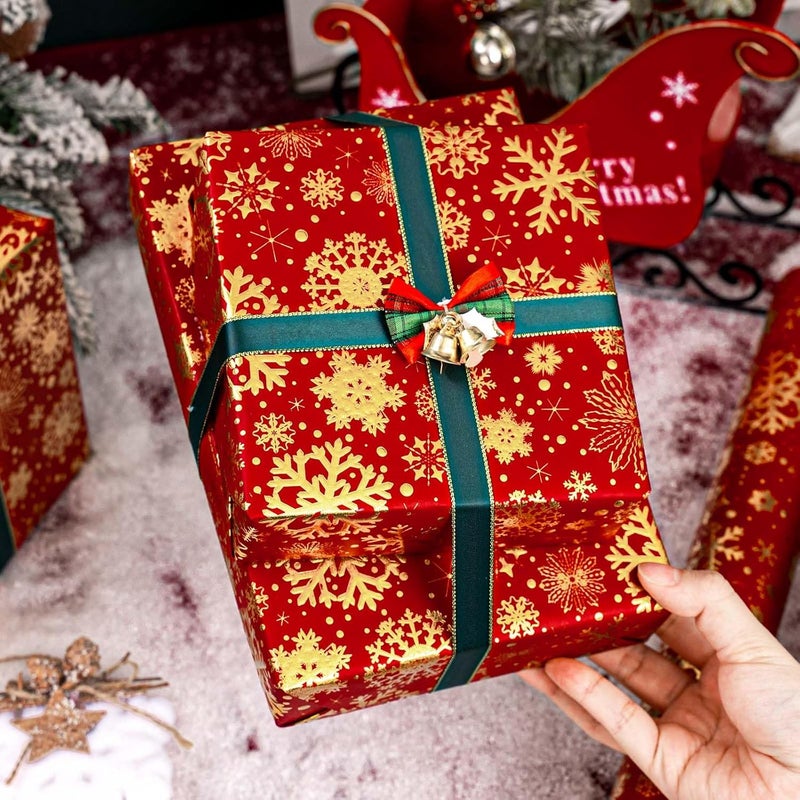 Yarcony Christmas Wrapping Paper, Embossed Snowflake Wrapping Paper, Kraft Classy Sparkle 3D Red & Gold Snowflake Holiday Gift Wrap for Winter Party, Festive Decoration (Mini Roll, 17 Inch X 33 Feet) - Image 4